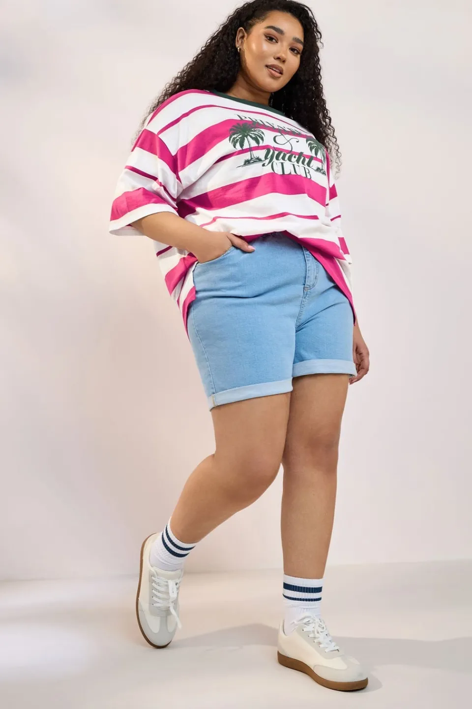 T-Shirts>YOURS Curve Pink 'Beach Club' Slogan Stripe T-Shirt