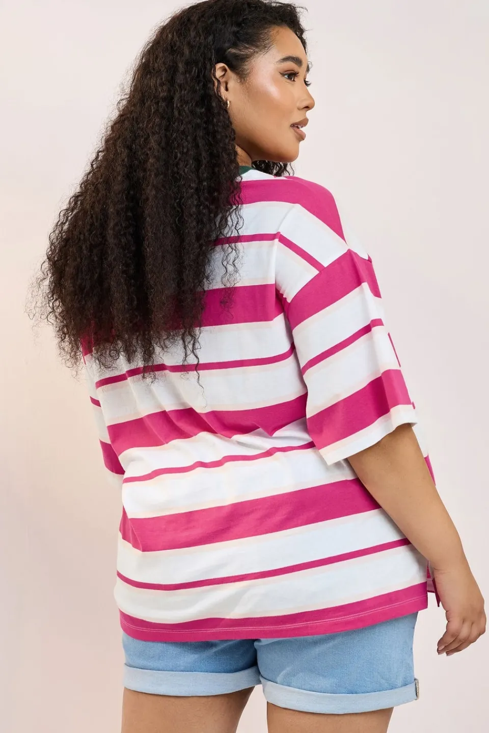 T-Shirts>YOURS Curve Pink 'Beach Club' Slogan Stripe T-Shirt