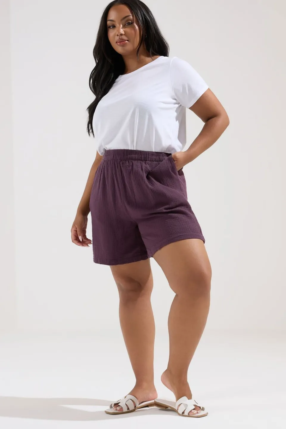 Shorts>YOURS Curve Purple Cotton Cheesecloth Shorts