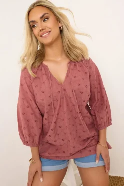 Tops>YOURS Curve Rust Orange Floral Broderie Anglaise Tie Front Top