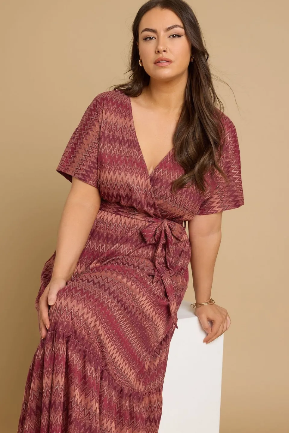 Dresses>YOURS Curve Rust Orange Zig Zag Metallic Wrap Dress