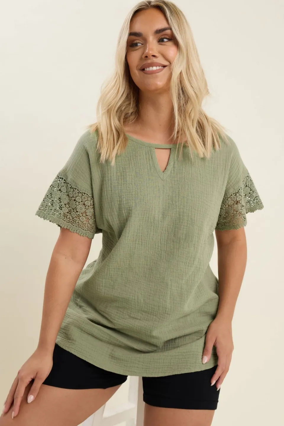 T-Shirts>YOURS Curve Sage Green Cheesecloth Crochet Top