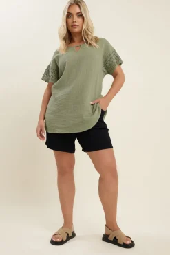 T-Shirts>YOURS Curve Sage Green Cheesecloth Crochet Top