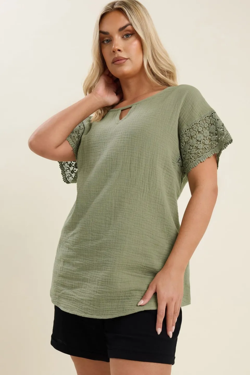 T-Shirts>YOURS Curve Sage Green Cheesecloth Crochet Top