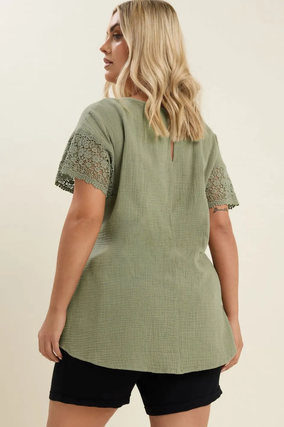 T-Shirts>YOURS Curve Sage Green Cheesecloth Crochet Top