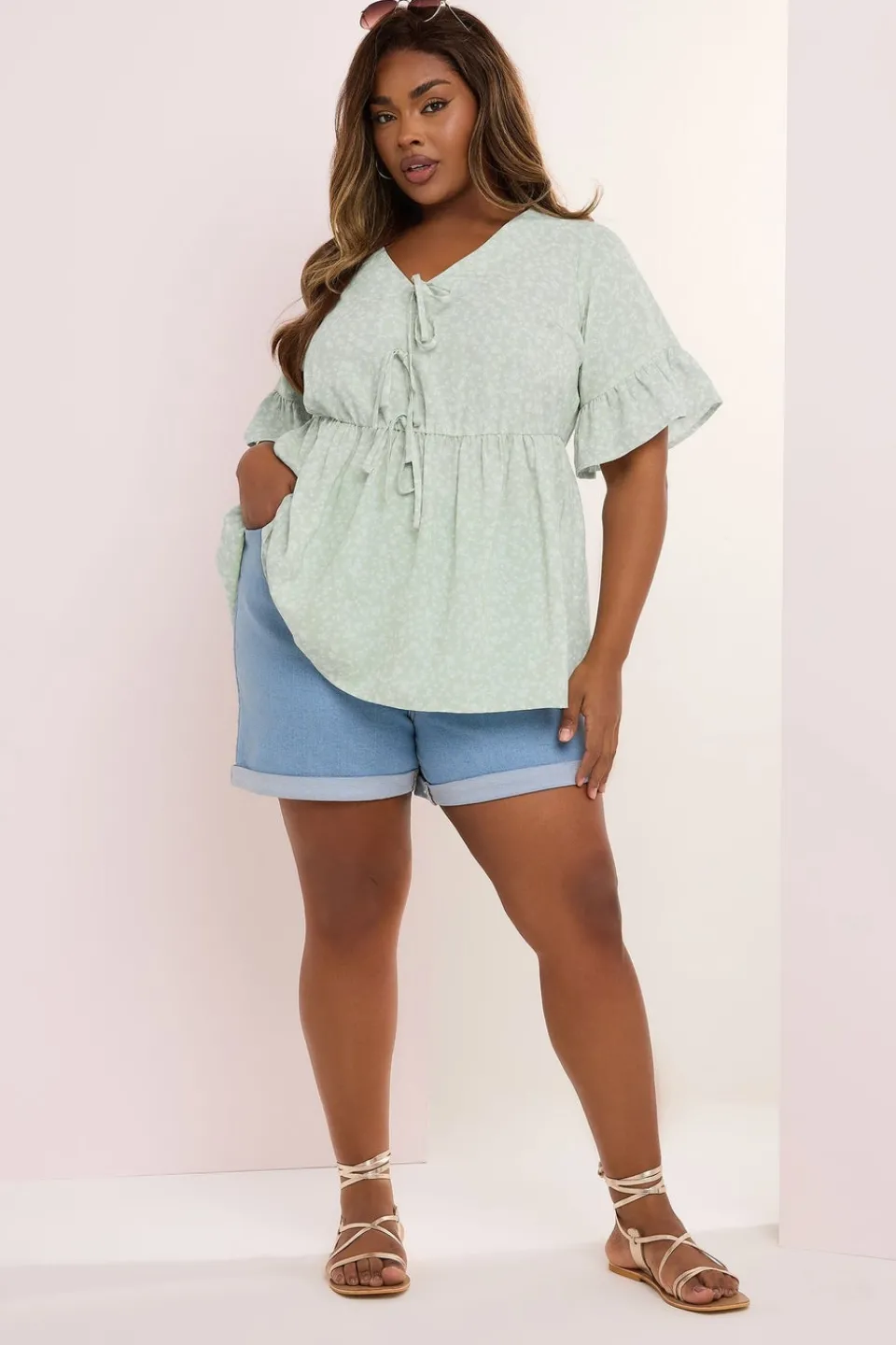 Tops>YOURS Curve Sage Green Ditsy Floral Tie Front Peplum Top