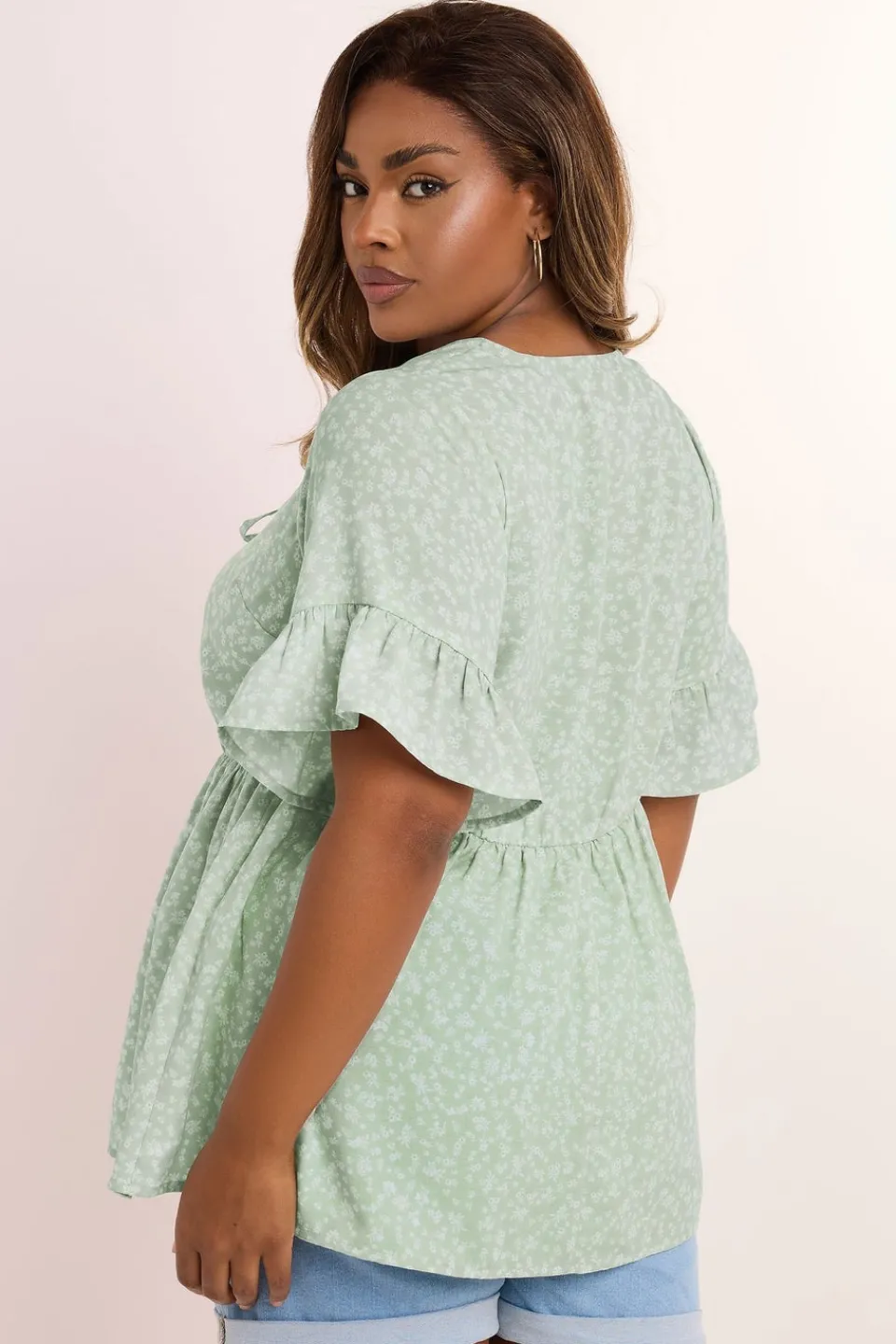 Tops>YOURS Curve Sage Green Ditsy Floral Tie Front Peplum Top