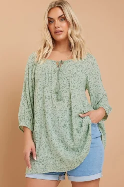 Tops>YOURS Curve Sage Green Floral Paisley Print Tie Neck Top