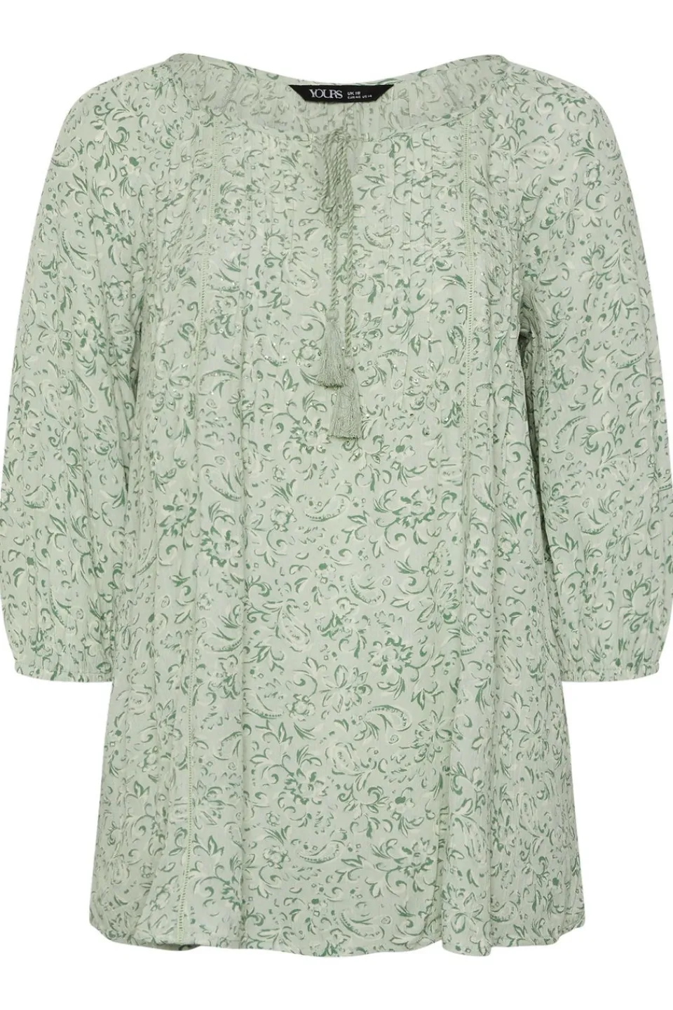 Tops>YOURS Curve Sage Green Floral Paisley Print Tie Neck Top