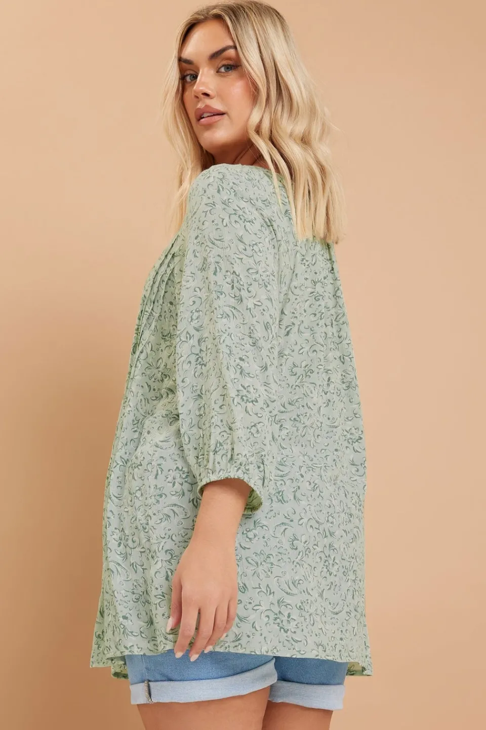Tops>YOURS Curve Sage Green Floral Paisley Print Tie Neck Top