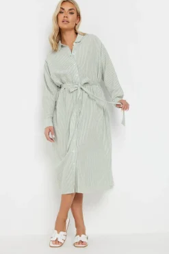 Dresses>YOURS Curve Sage Green Linen Stripe Shirt Dress