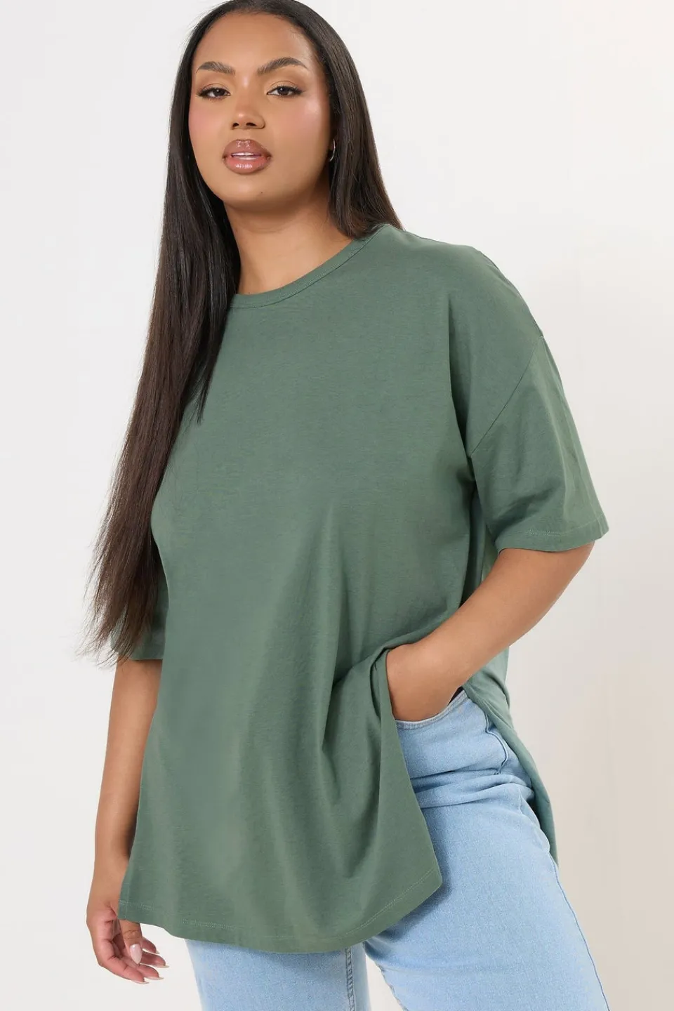 T-Shirts>YOURS Curve Sage Green Oversized Side Split T-Shirt