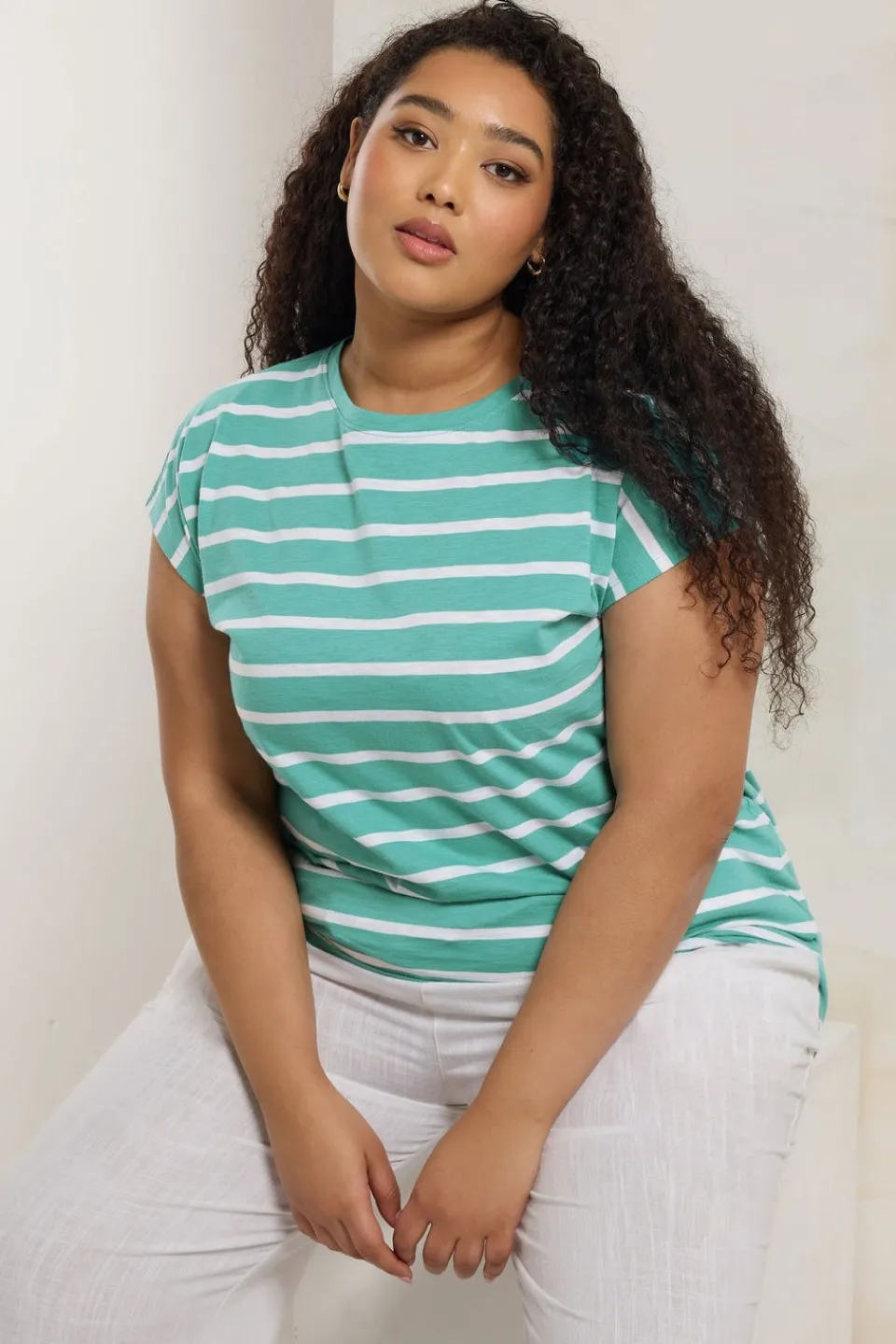 T-Shirts>YOURS Curve Teal Blue Striped Grown Sleeve Cotton T-Shirt