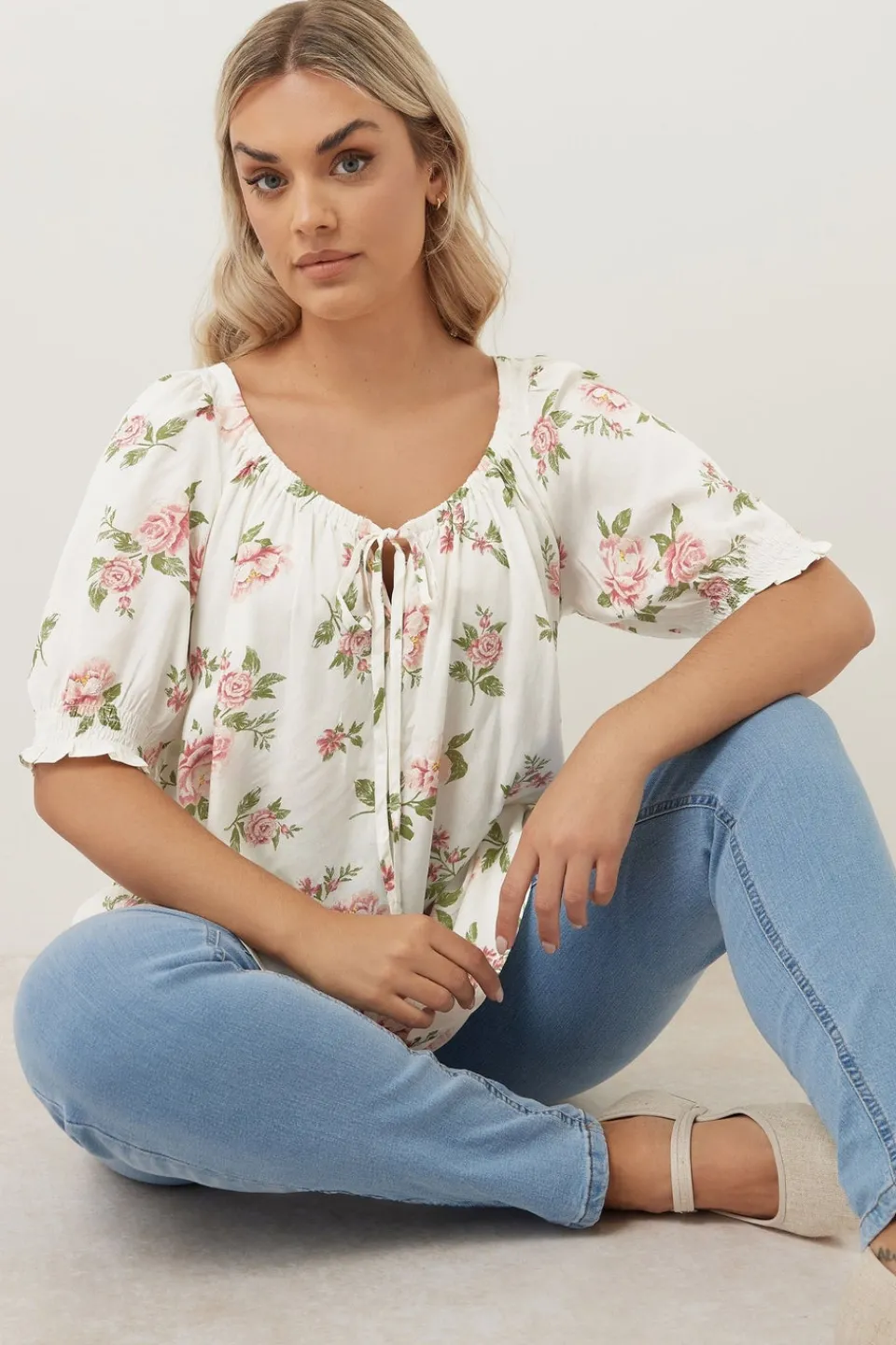 Tops>YOURS Curve White & Pink Floral Tie Neck Blouse