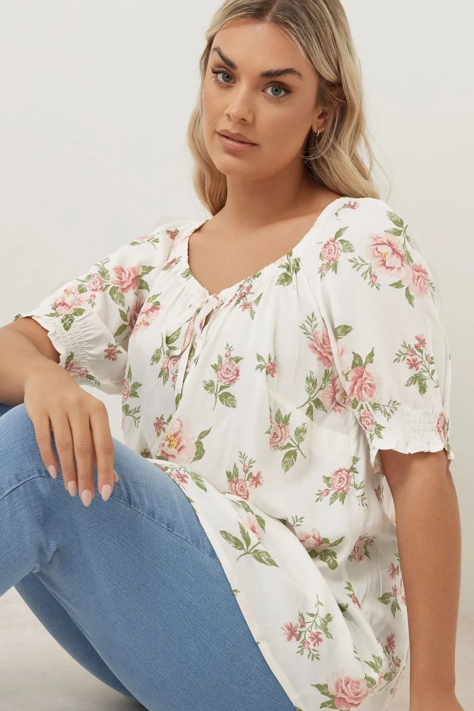 Tops>YOURS Curve White & Pink Floral Tie Neck Blouse