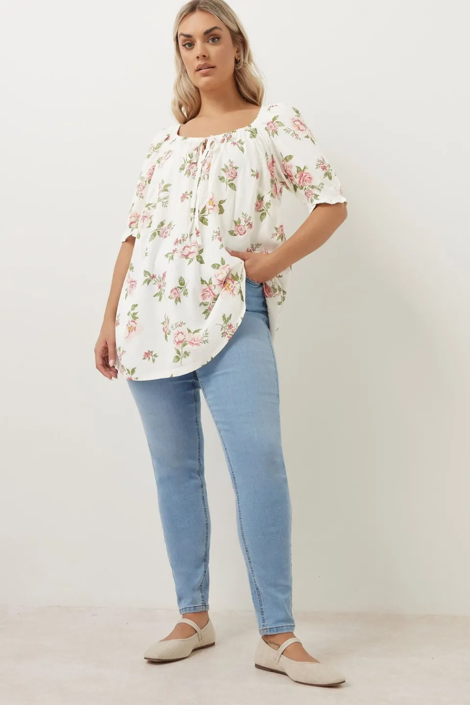 Tops>YOURS Curve White & Pink Floral Tie Neck Blouse