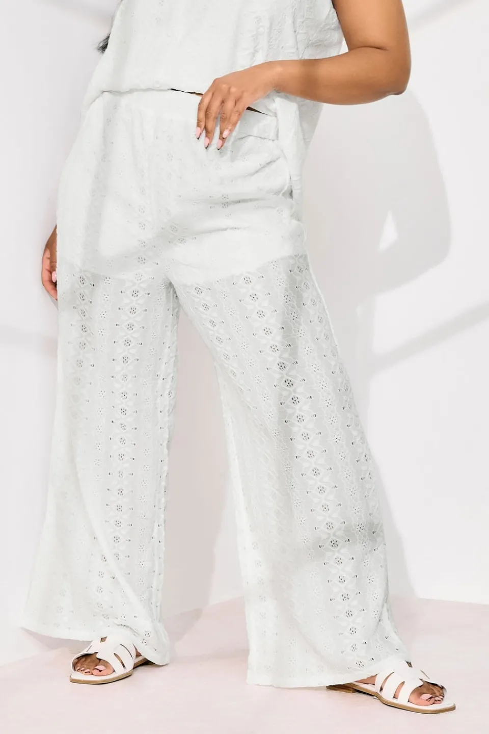 Trousers>YOURS Curve White Broderie Anglaise Wide Leg Trousers