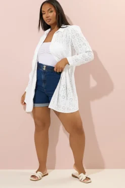 Tops>YOURS Curve White Broderie Anglaise Long Sleeve Shirt