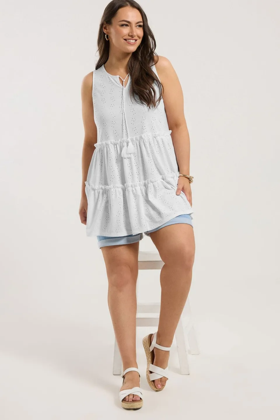 Tops>YOURS Curve White Broderie Anglaise Tiered Vest Top