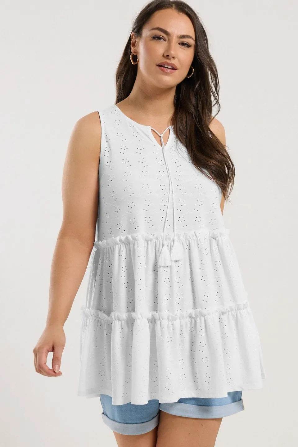 Tops>YOURS Curve White Broderie Anglaise Tiered Vest Top
