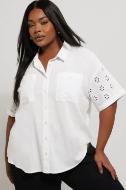 Tops>YOURS Curve White Broderie Anglaise Linen Shirt