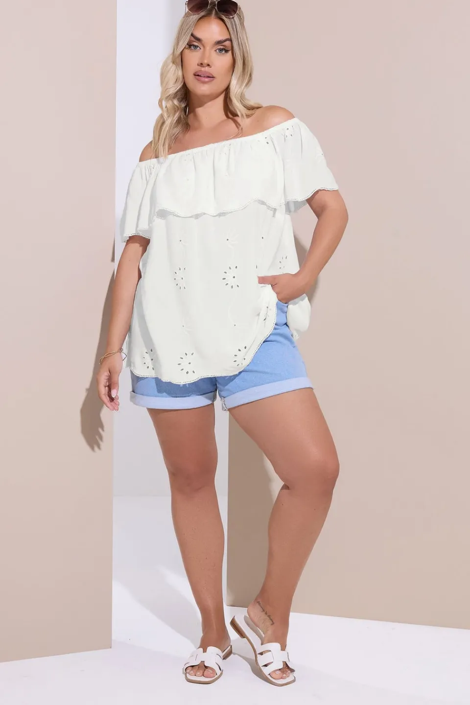 Tops>YOURS Curve White Broderie Anglaise Bardot Top