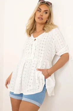 Tops>YOURS Curve White Broderie Anglaise Bow Tie Front Peplum Top