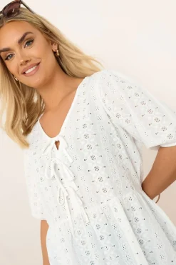 Tops>YOURS Curve White Broderie Anglaise Bow Tie Front Peplum Top