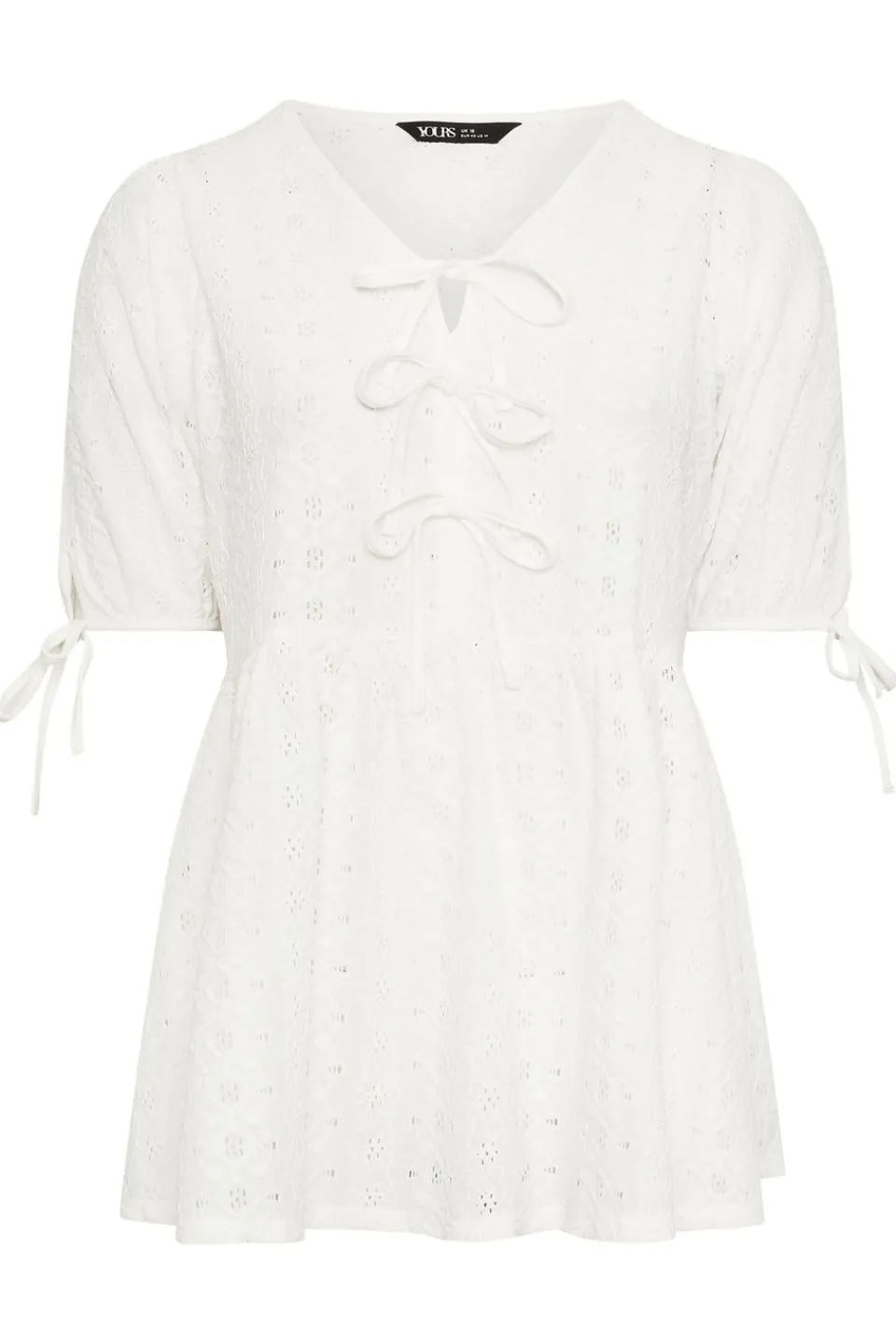 Tops>YOURS Curve White Broderie Anglaise Bow Tie Front Peplum Top