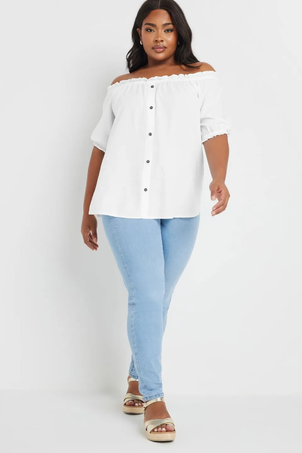 Tops>YOURS Curve White Chambray Button Detail Bardot Top