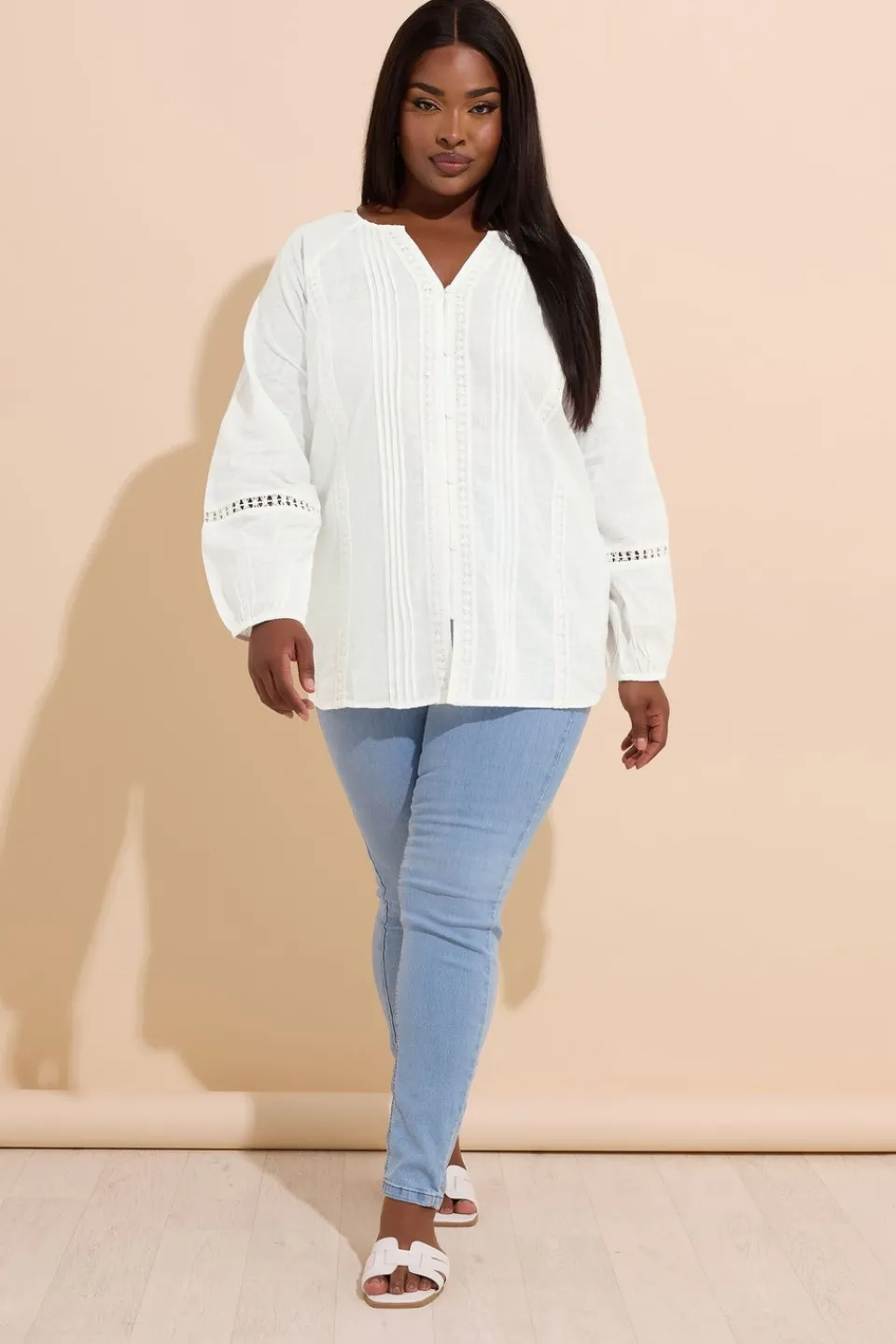 Tops>YOURS Curve White Crochet Trim Pleated Blouse