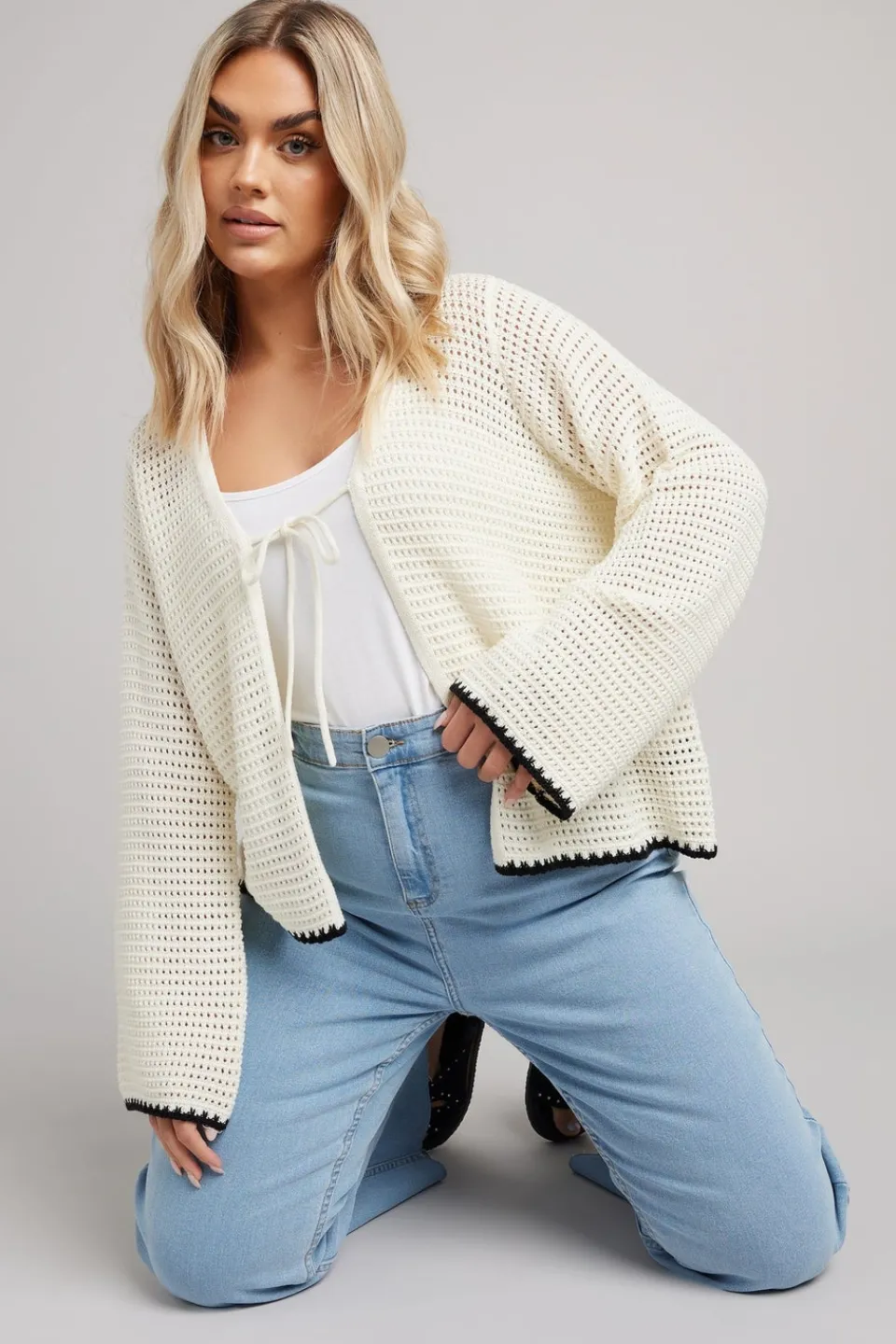 Tops>YOURS Curve White Crochet Tie Front Cardigan