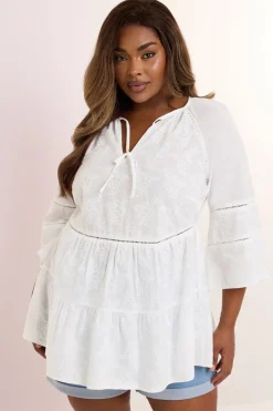 Blouses & Shirts>YOURS Curve White Embroidered Tie Front Smock Blouse