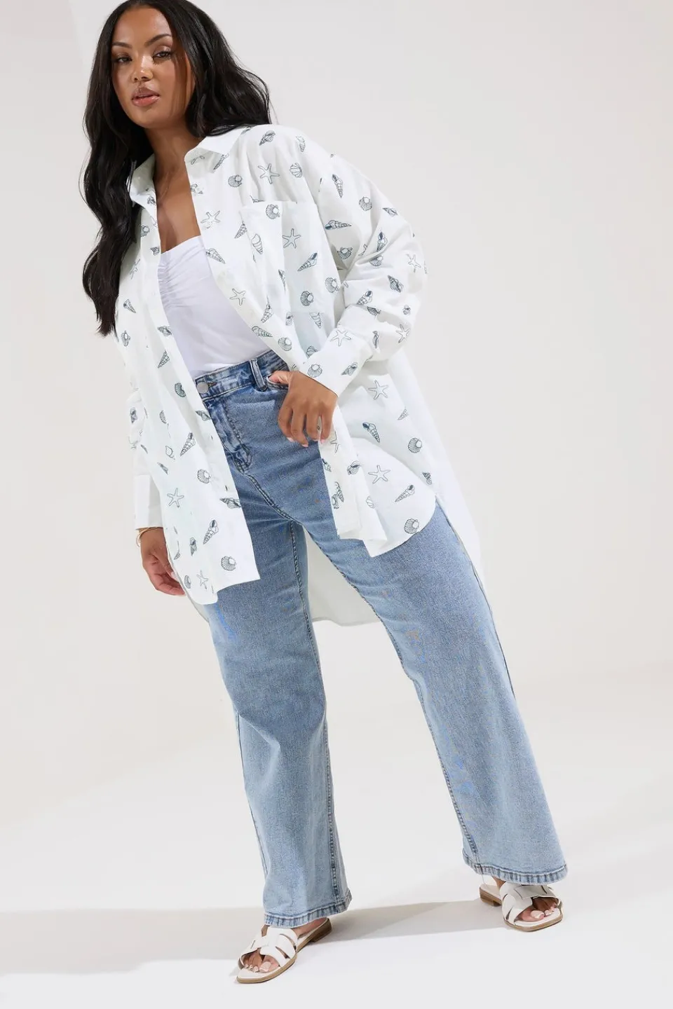 Tops>YOURS Curve White Embroidered Seashell Oversized Shirt