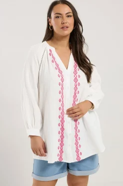 Tops>YOURS Curve White Embroidered Cheesecloth Shirt