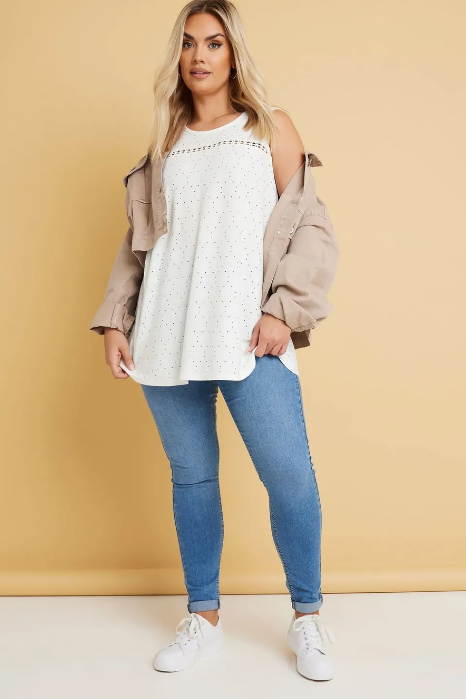 Tops>YOURS Curve White Floral Broderie Anglaise Vest Top