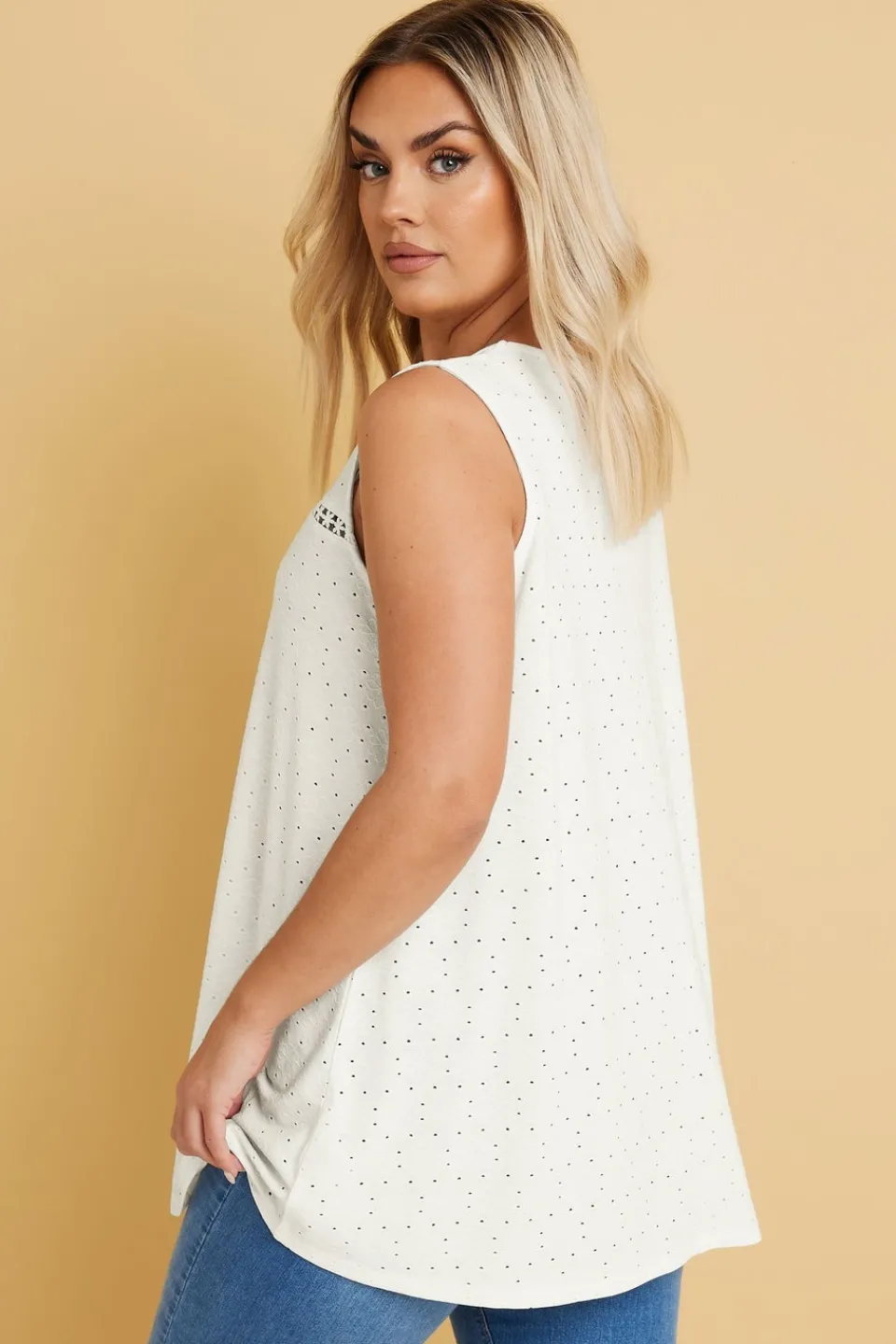 Tops>YOURS Curve White Floral Broderie Anglaise Vest Top