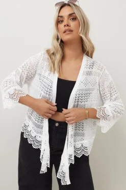 Tops>YOURS Curve White Lace Trim Waterfall Cardigan