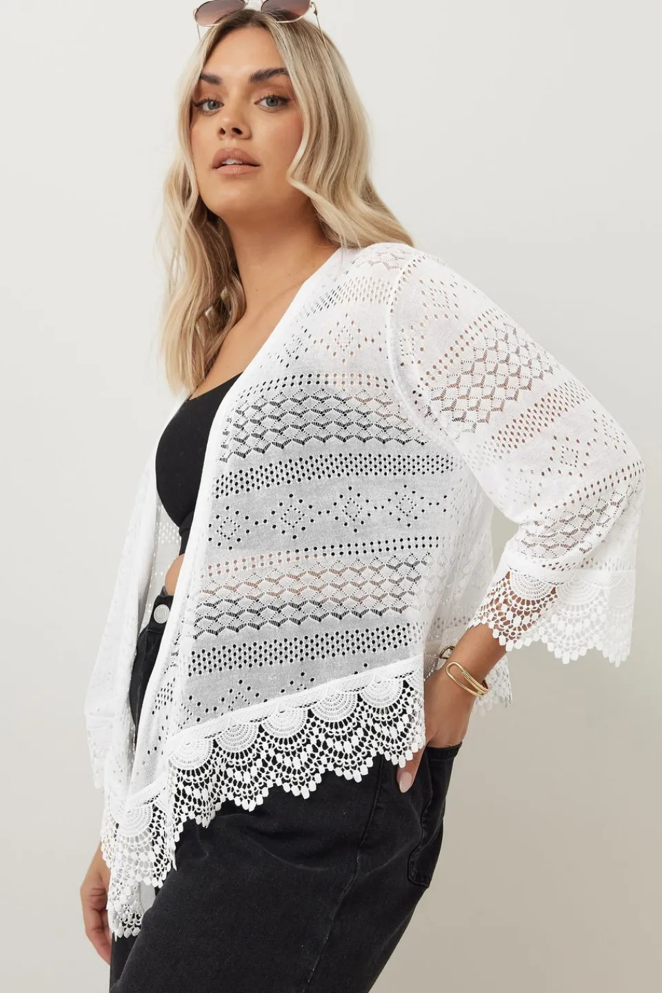 Tops>YOURS Curve White Lace Trim Waterfall Cardigan
