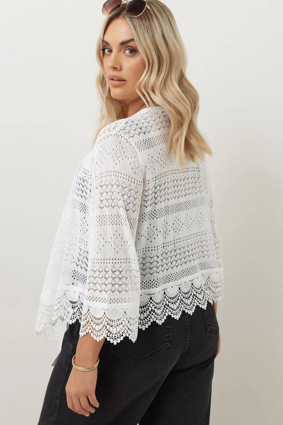 Tops>YOURS Curve White Lace Trim Waterfall Cardigan