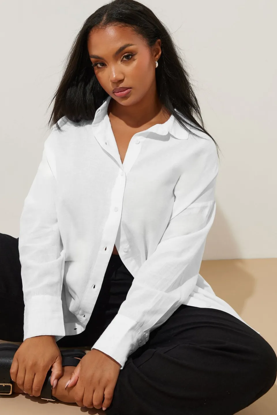 Tops>YOURS Curve White Long Sleeve Linen Shirt