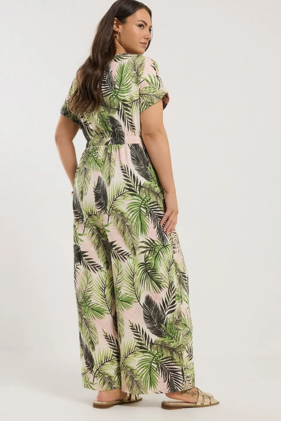 Jumpsuits & Playsuits>YOURS Curve White Palm Print Tie Front Jumpsuit