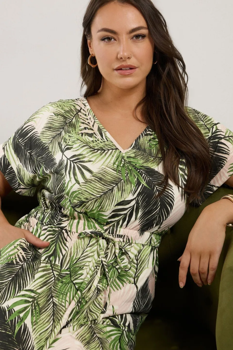 Jumpsuits & Playsuits>YOURS Curve White Palm Print Tie Front Jumpsuit
