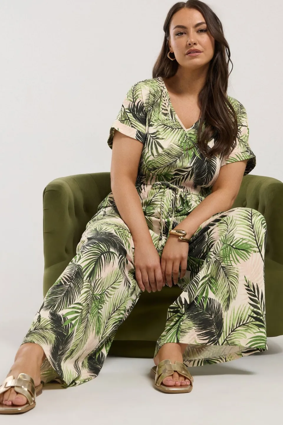 Jumpsuits & Playsuits>YOURS Curve White Palm Print Tie Front Jumpsuit
