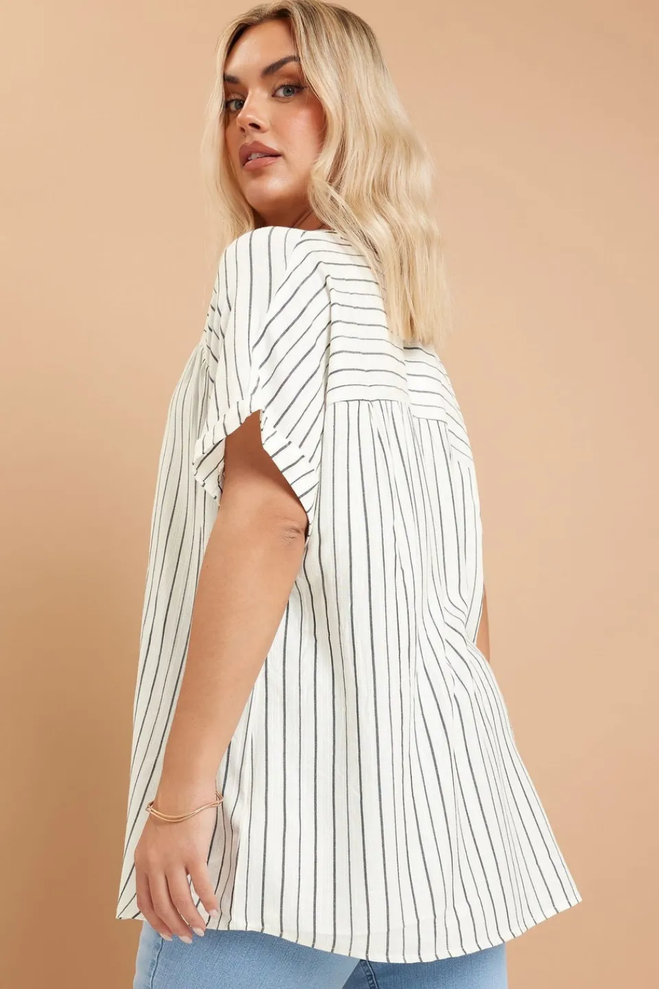Tops>YOURS Curve White Stripe Short Sleeve Blouse
