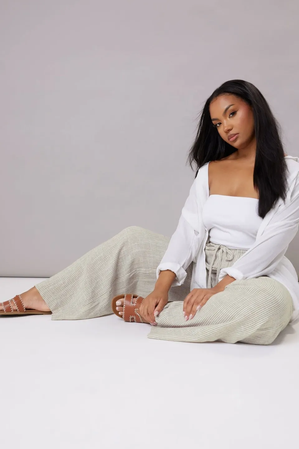 Trousers>YOURS Curve White Striped Linen Tie Front Trousers
