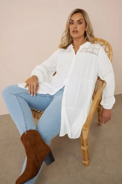 Tops>YOURS Curve White Tiered Crochet Detail Shirt