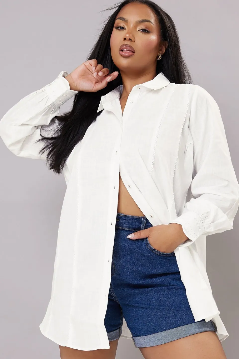 Tops>YOURS Curve White Trim Detail Oversized Shirt