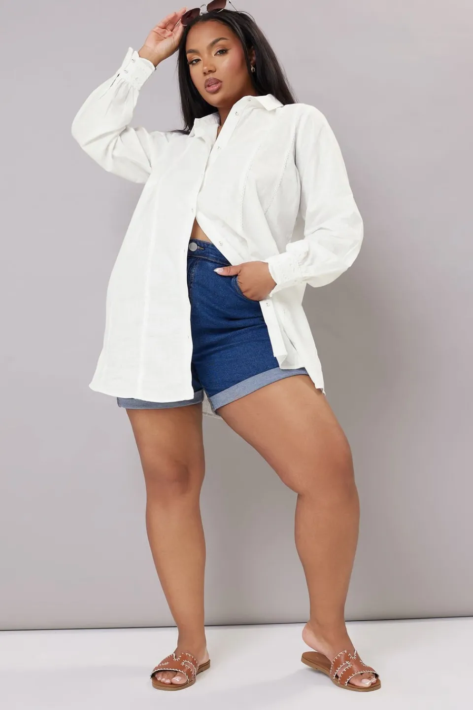 Tops>YOURS Curve White Trim Detail Oversized Shirt