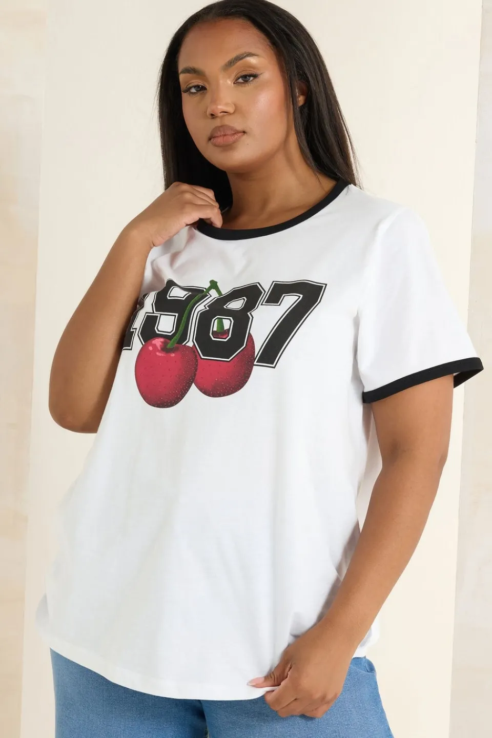 T-Shirts>YOURS Curve White '1987' Cherry Print T-Shirt